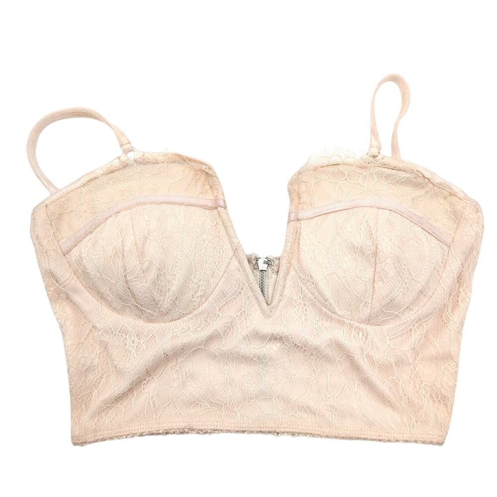 Charlotte Russe Women's Mesh Lace Bustier Crop Top Back Zip Pink Size S